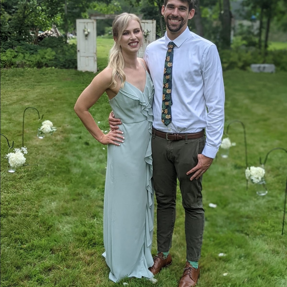 Sage green David’s bridal dress